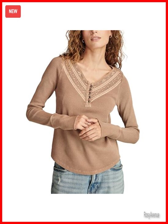 Tops - Embroidered Mesh Yoke Henley Top Long Sleeve V-Neck Casual